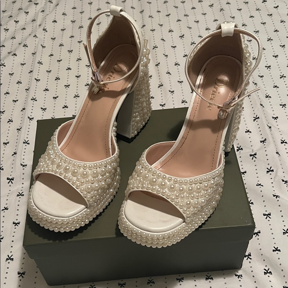 Pearl Embellished White Platform Sandals with Ankle Strap